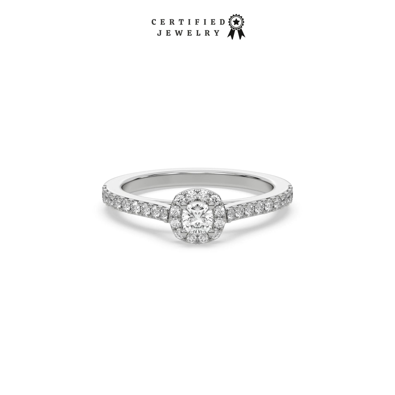 This white gold ring displayed in front view is made with a cushion solitaire diamond set in four-prong setting