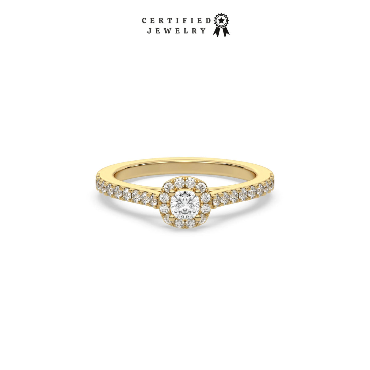 This yellow gold ring displayed in front view is made with a cushion solitaire diamond set in four-prong setting