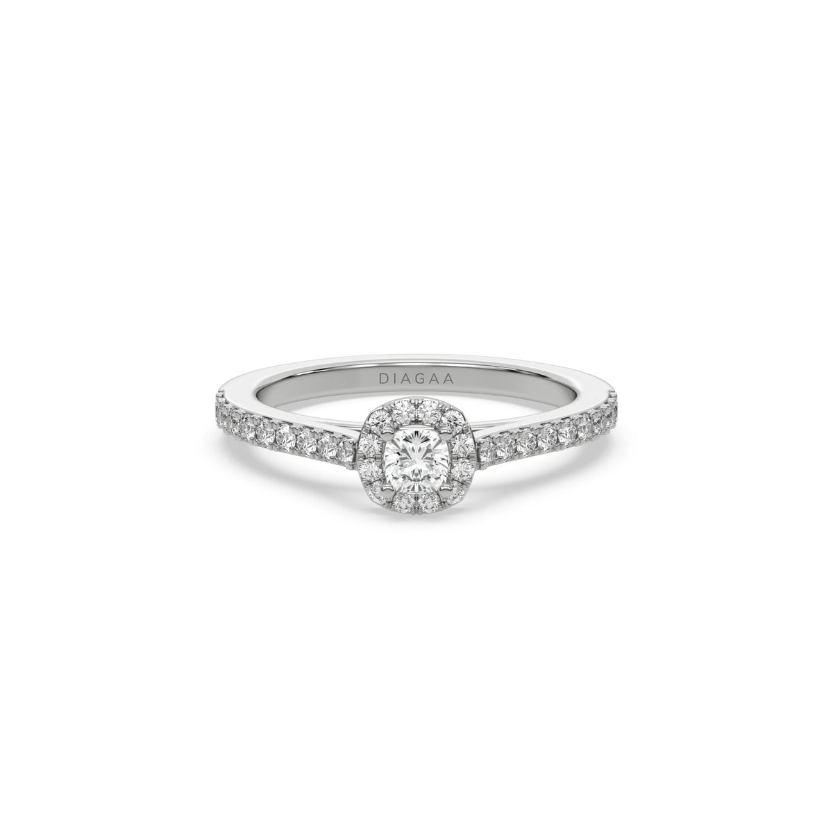 This white gold ring displayed in front view is made with a cushion solitaire diamond set in four-prong setting