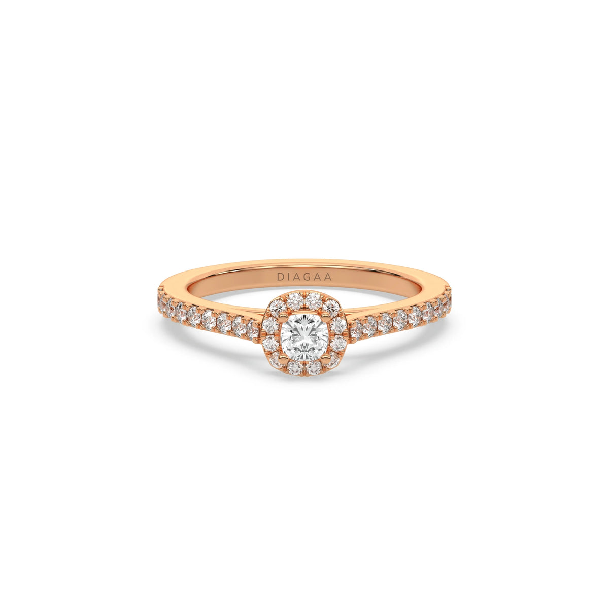 This rose gold ring displayed in front view is made with a cushion solitaire diamond set in four-prong setting