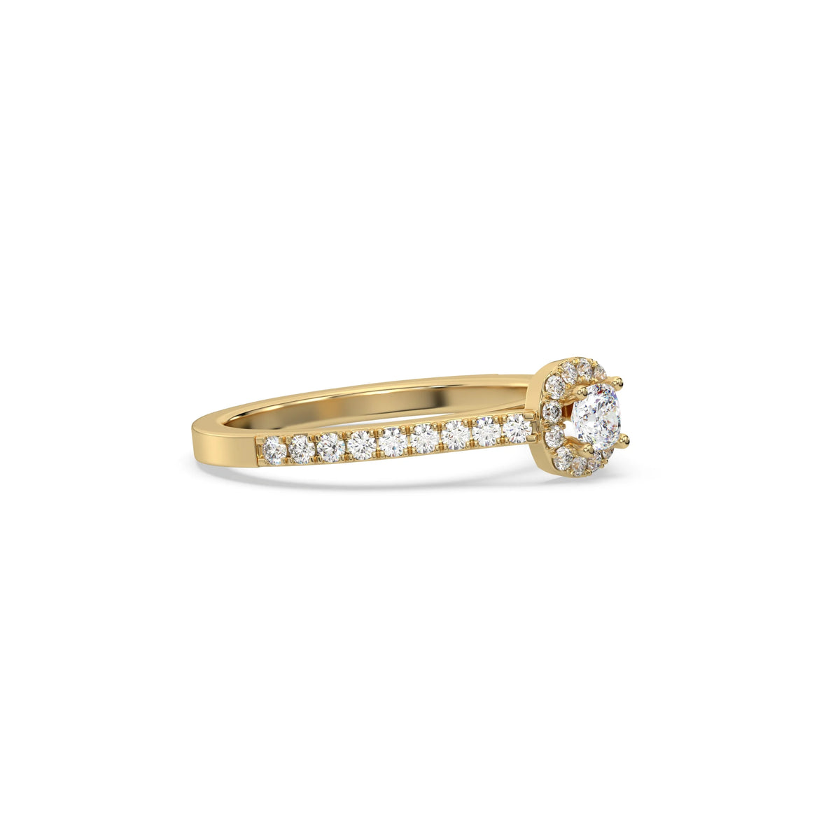 This yellow gold ring displayed in side view is made with a cushion solitaire diamond set in four-prong setting