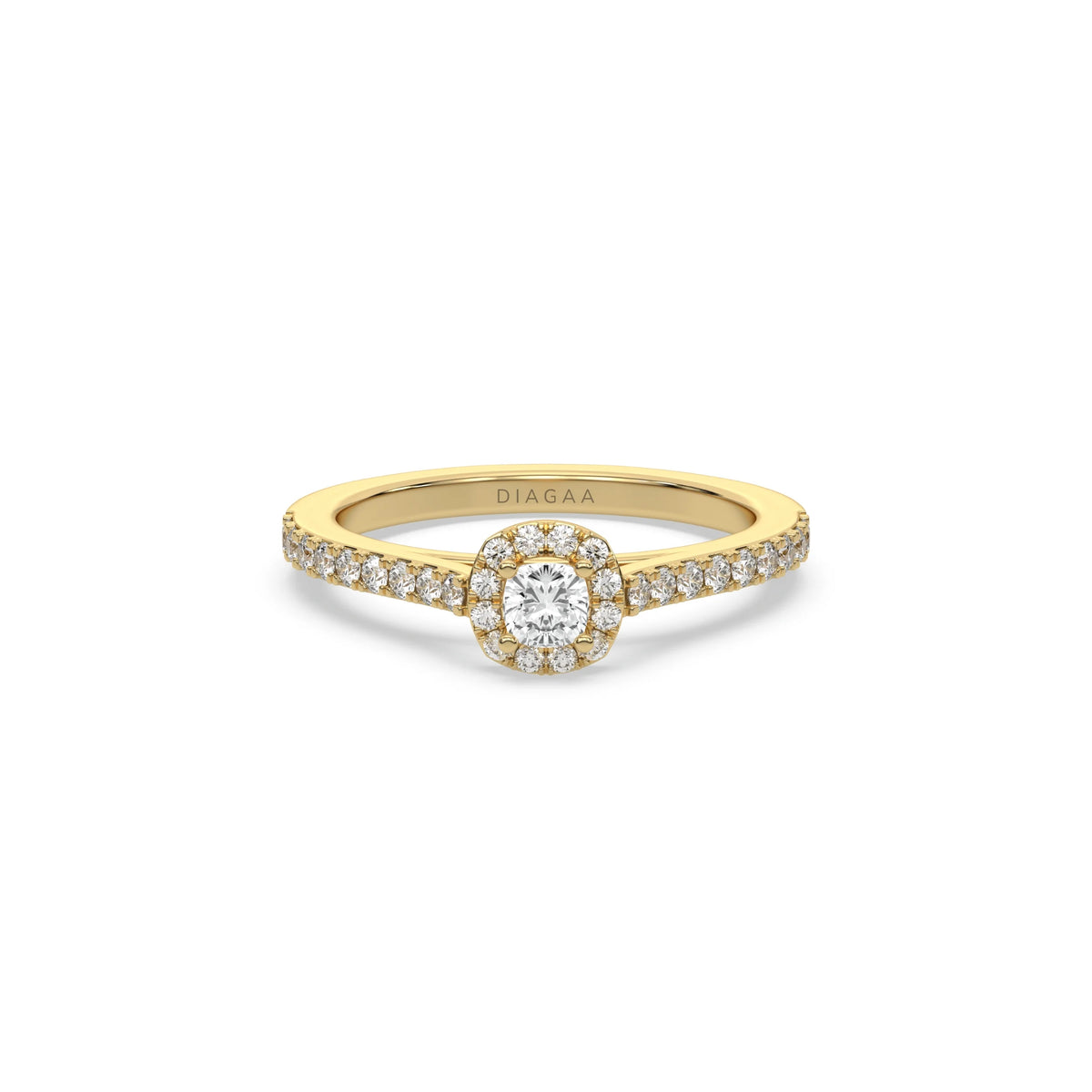 This yellow gold ring displayed in front view is made with a cushion solitaire diamond set in four-prong setting