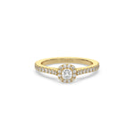 This yellow gold ring displayed in front view is made with a cushion solitaire diamond set in four-prong setting