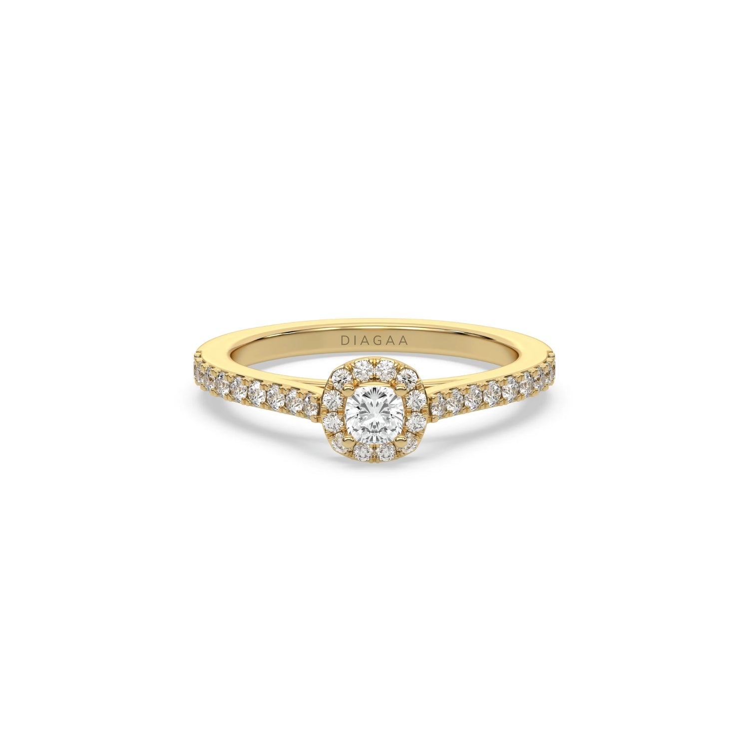 This yellow gold ring displayed in front view is made with a cushion solitaire diamond set in four-prong setting