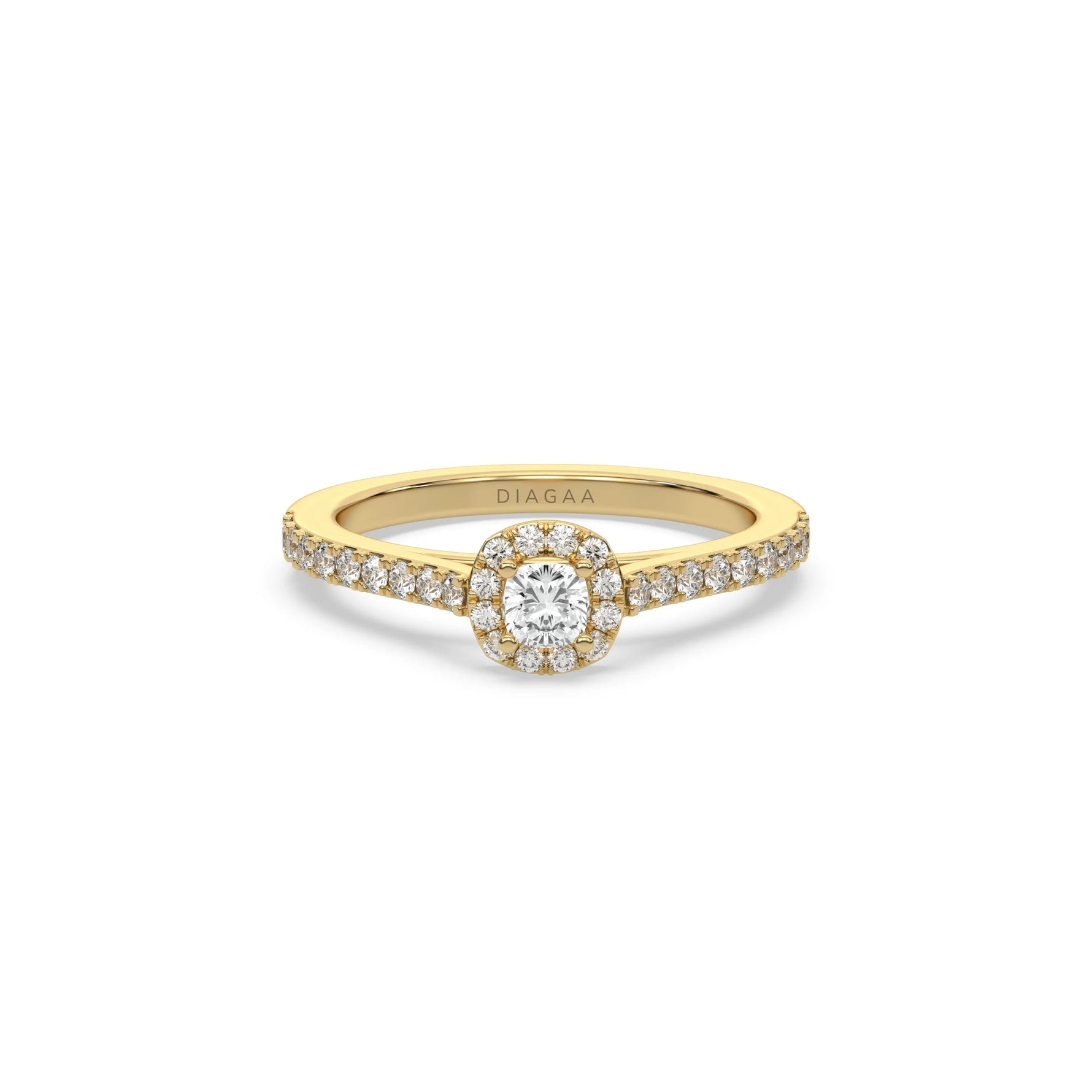 This yellow gold ring displayed in front view is made with a cushion solitaire diamond set in four-prong setting