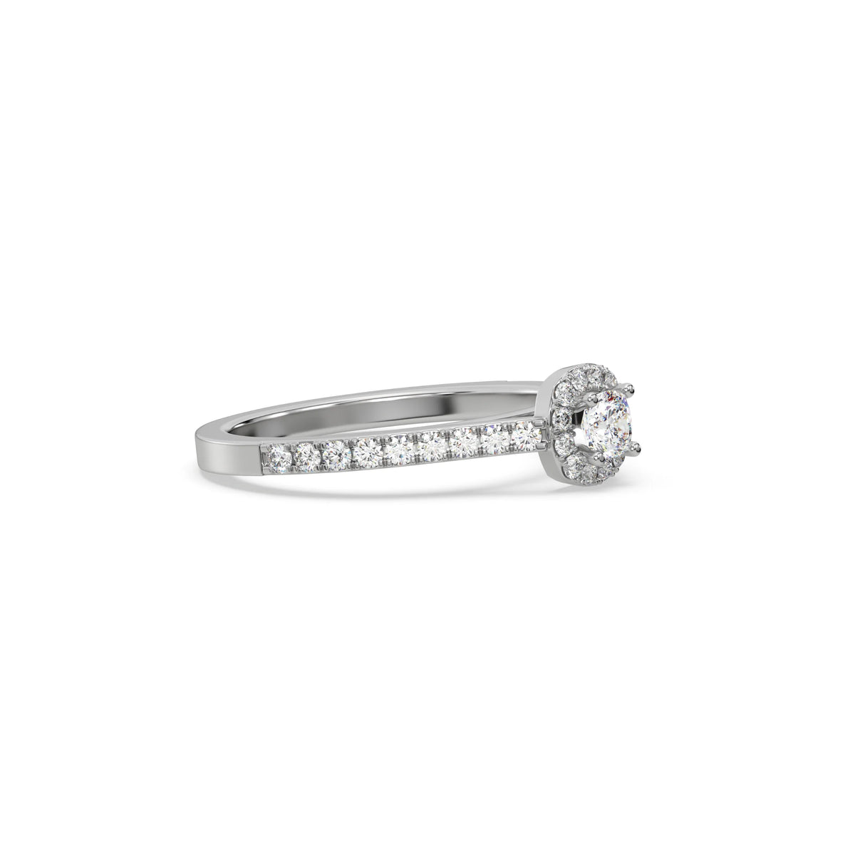 This white gold ring displayed in side view is made with a cushion solitaire diamond set in four-prong setting