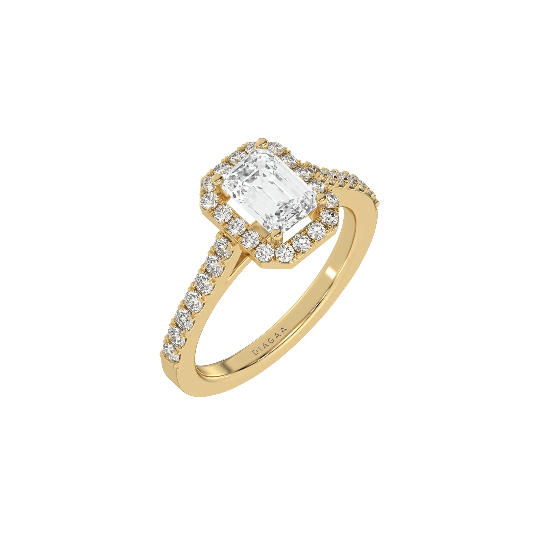 This yellow gold Emerald Diamond Halo Engagement Ring is made with an emerald solitaire diamond set in a four-prong setting in 3D view