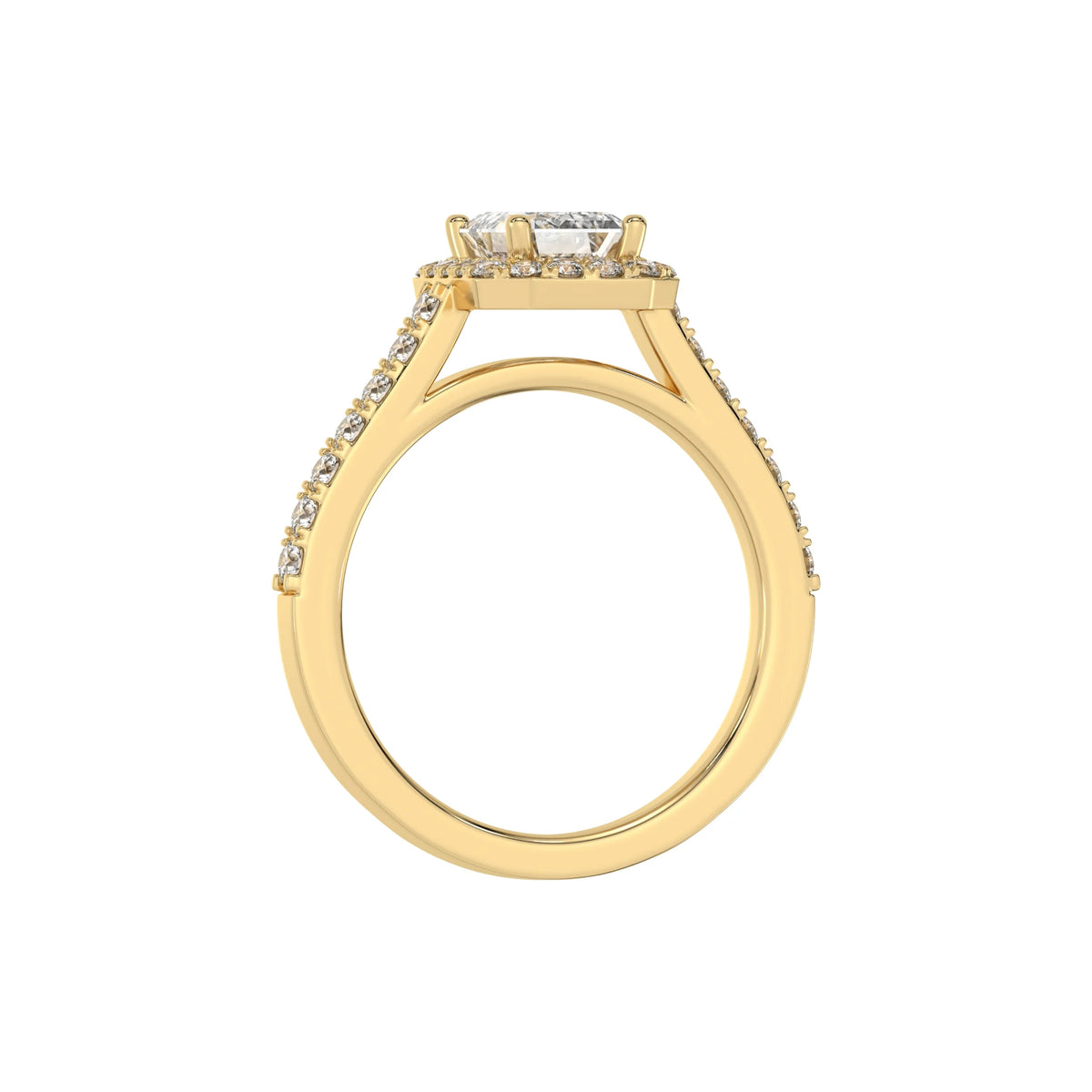 This yellow gold Emerald Diamond Halo Engagement Ring is made with an emerald solitaire diamond set in a four-prong setting in through finger view