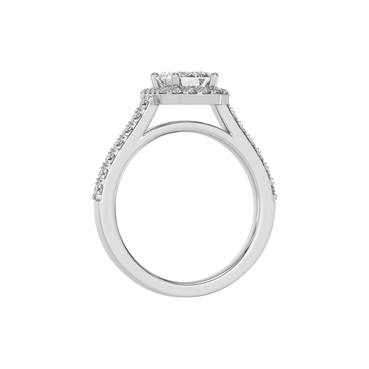 This white gold Emerald Diamond Halo Engagement Ring is made with an emerald solitaire diamond set in a four-prong setting in through finger view