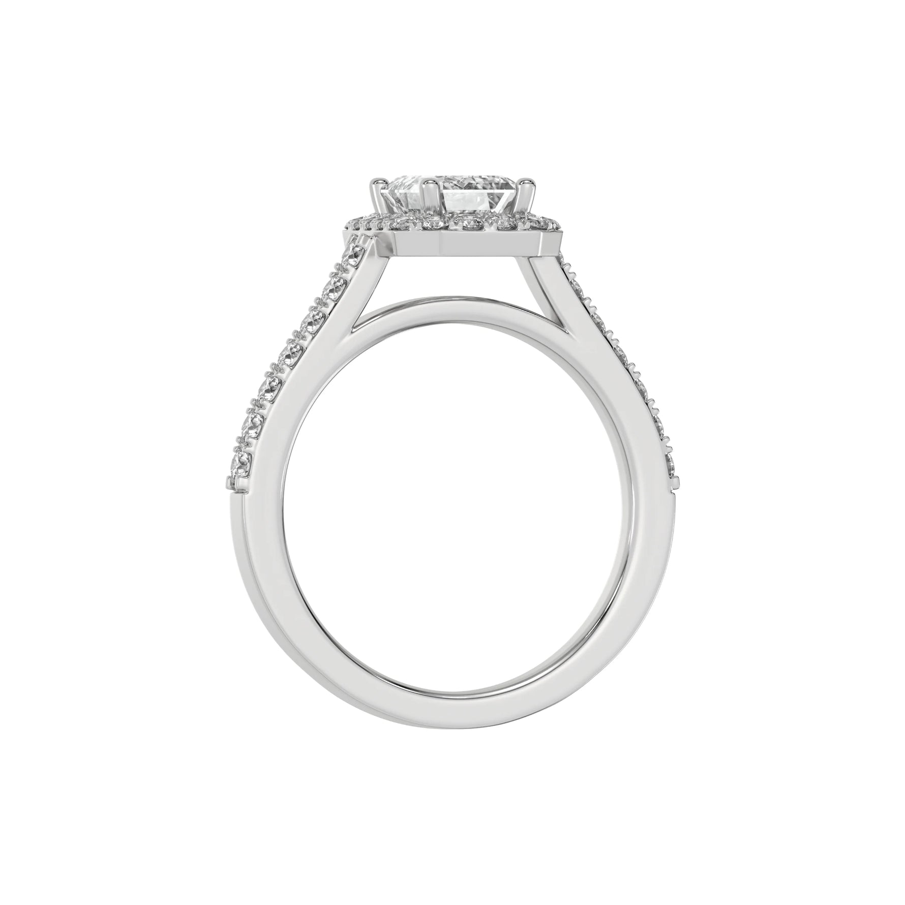 This white gold Emerald Diamond Halo Engagement Ring is made with an emerald solitaire diamond set in a four-prong setting in through finger view