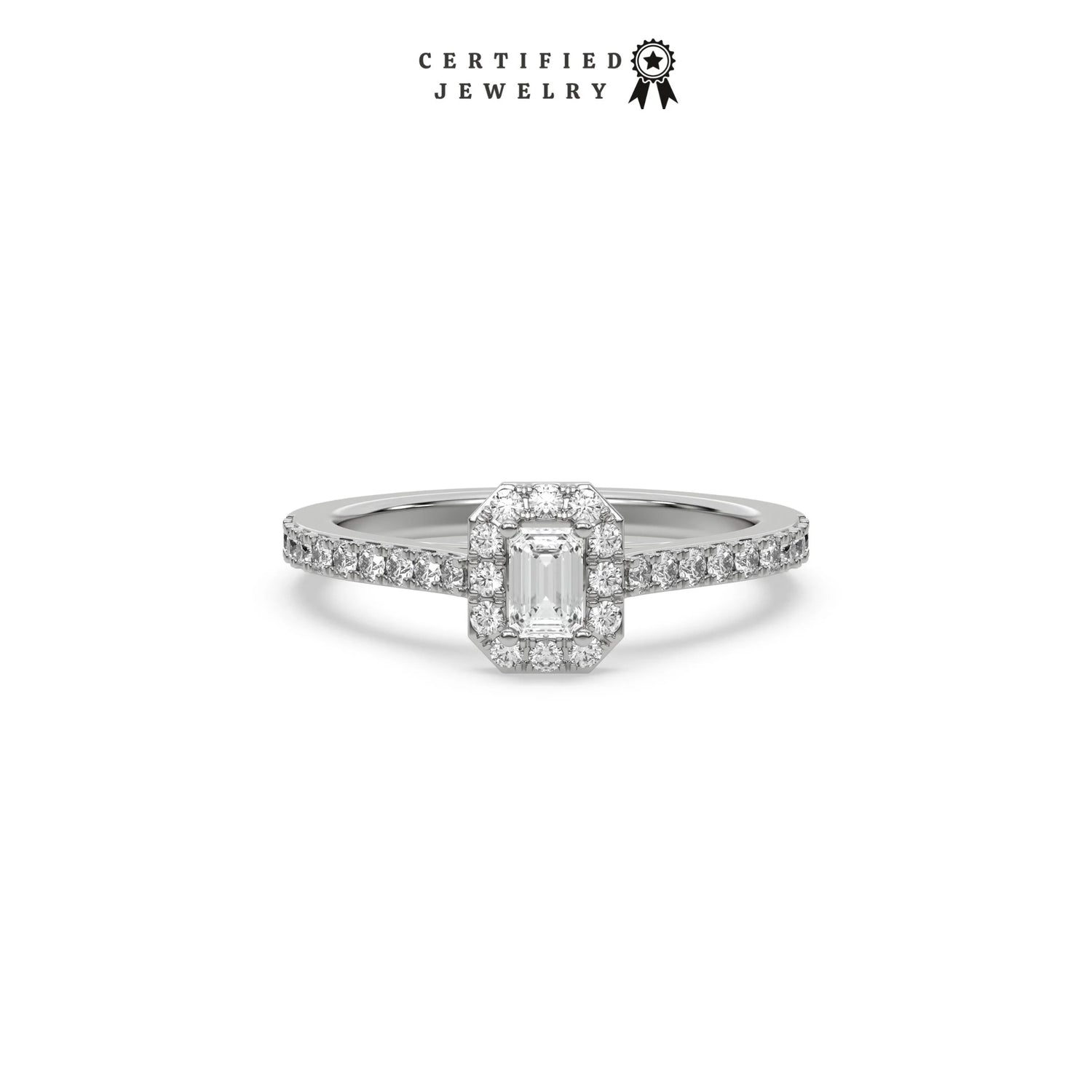 This white gold ring displayed in front view is made with a Emerald solitaire diamond set in four-prong setting