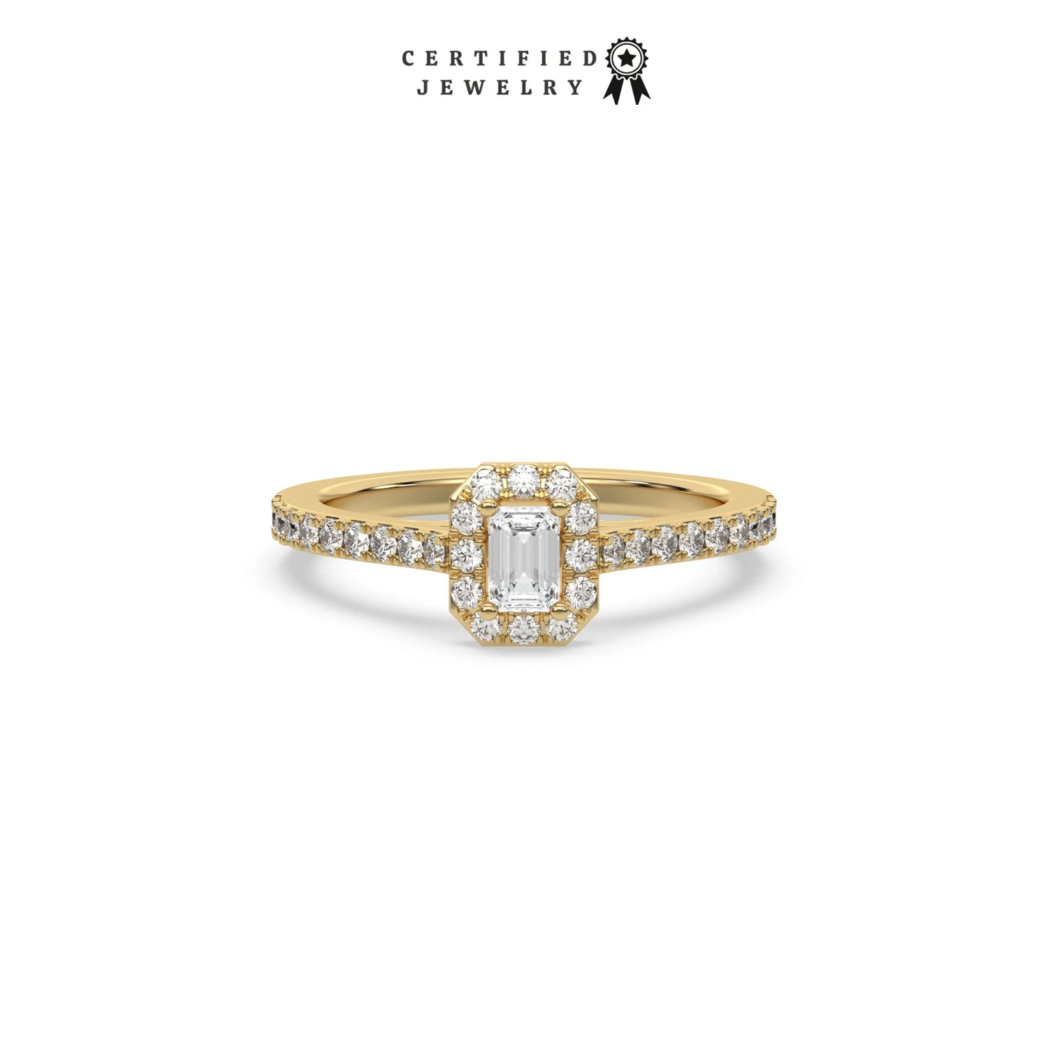 This yellow gold ring displayed in front view is made with a Emerald solitaire diamond set in four-prong setting