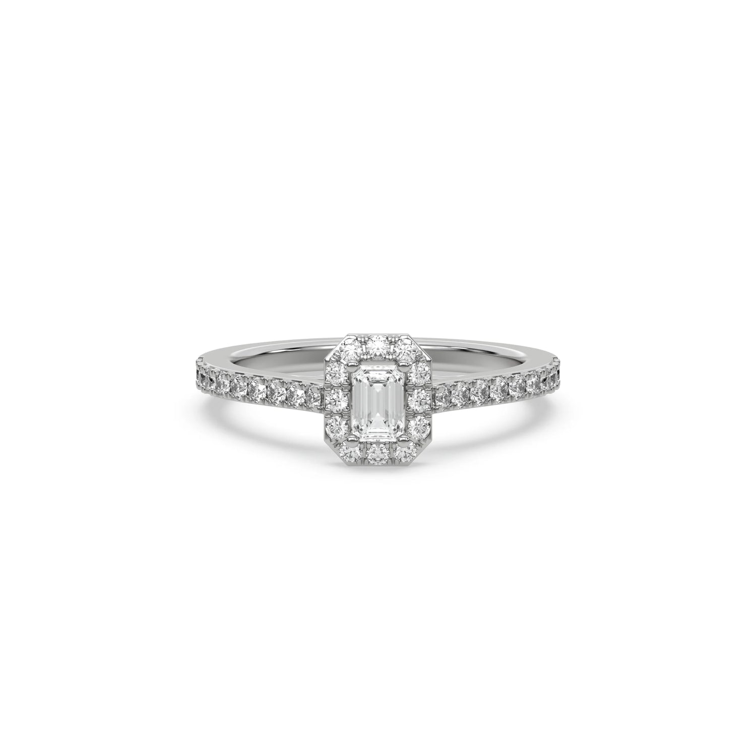 This white gold ring displayed in front view is made with a Emerald solitaire diamond set in four-prong setting