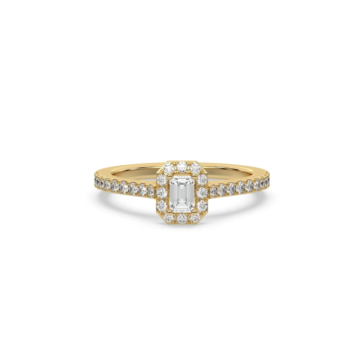 This yellow gold ring displayed in front view is made with a Emerald solitaire diamond set in four-prong setting