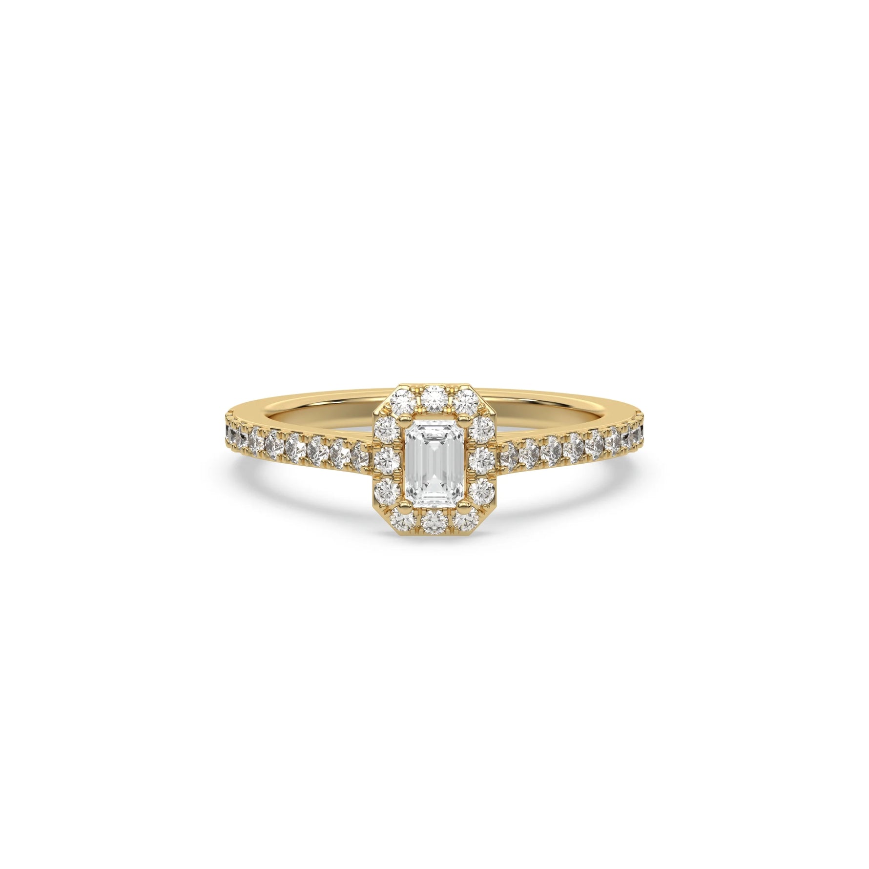 This yellow gold ring displayed in front view is made with a Emerald solitaire diamond set in four-prong setting