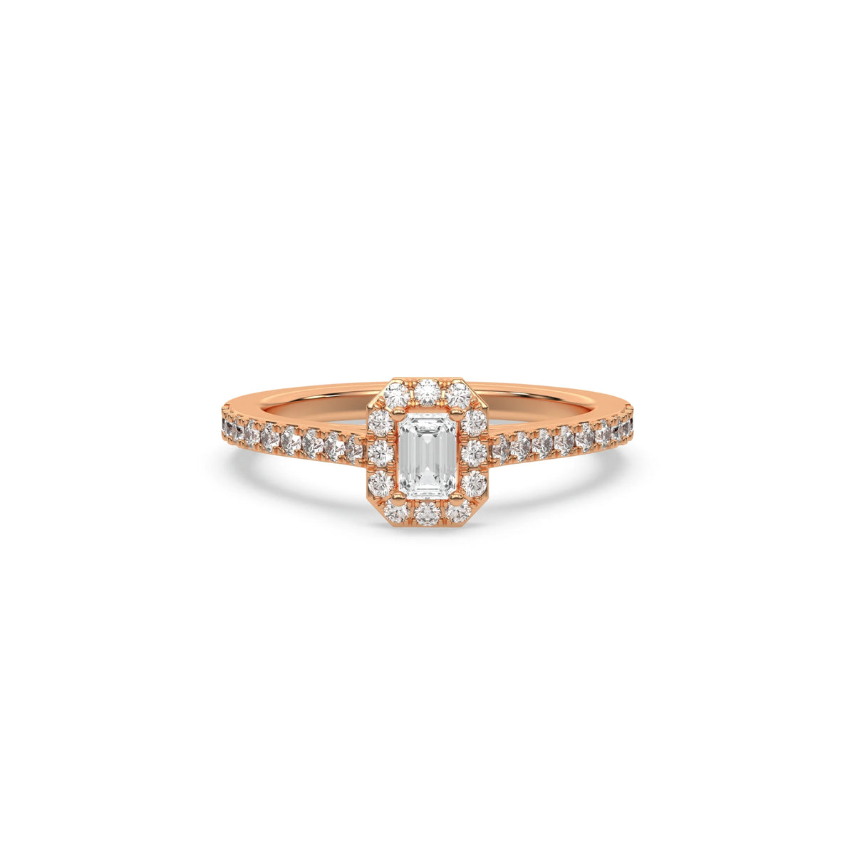 This rose gold ring displayed in front view is made with a Emerald solitaire diamond set in four-prong setting