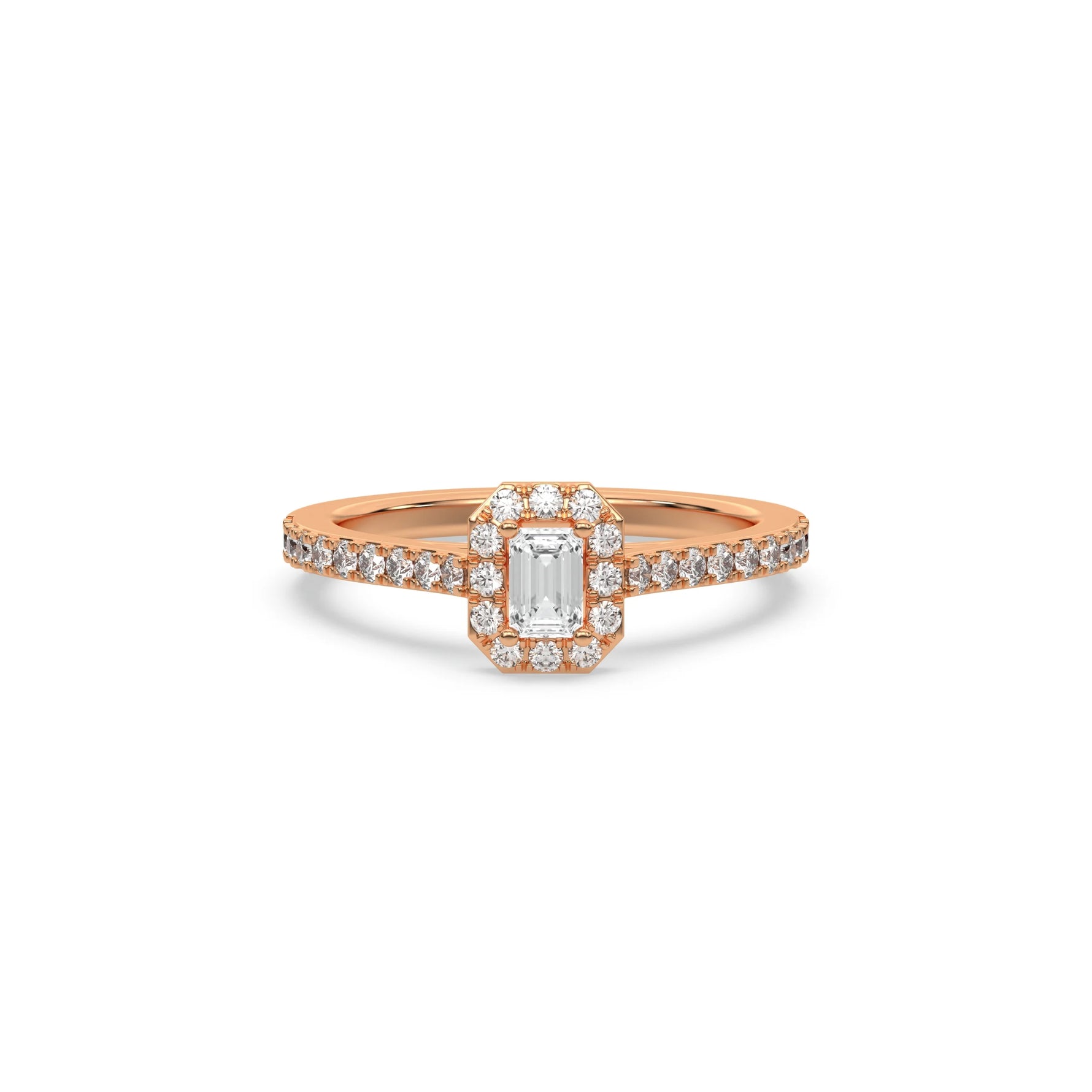 This rose gold ring displayed in front view is made with a Emerald solitaire diamond set in four-prong setting