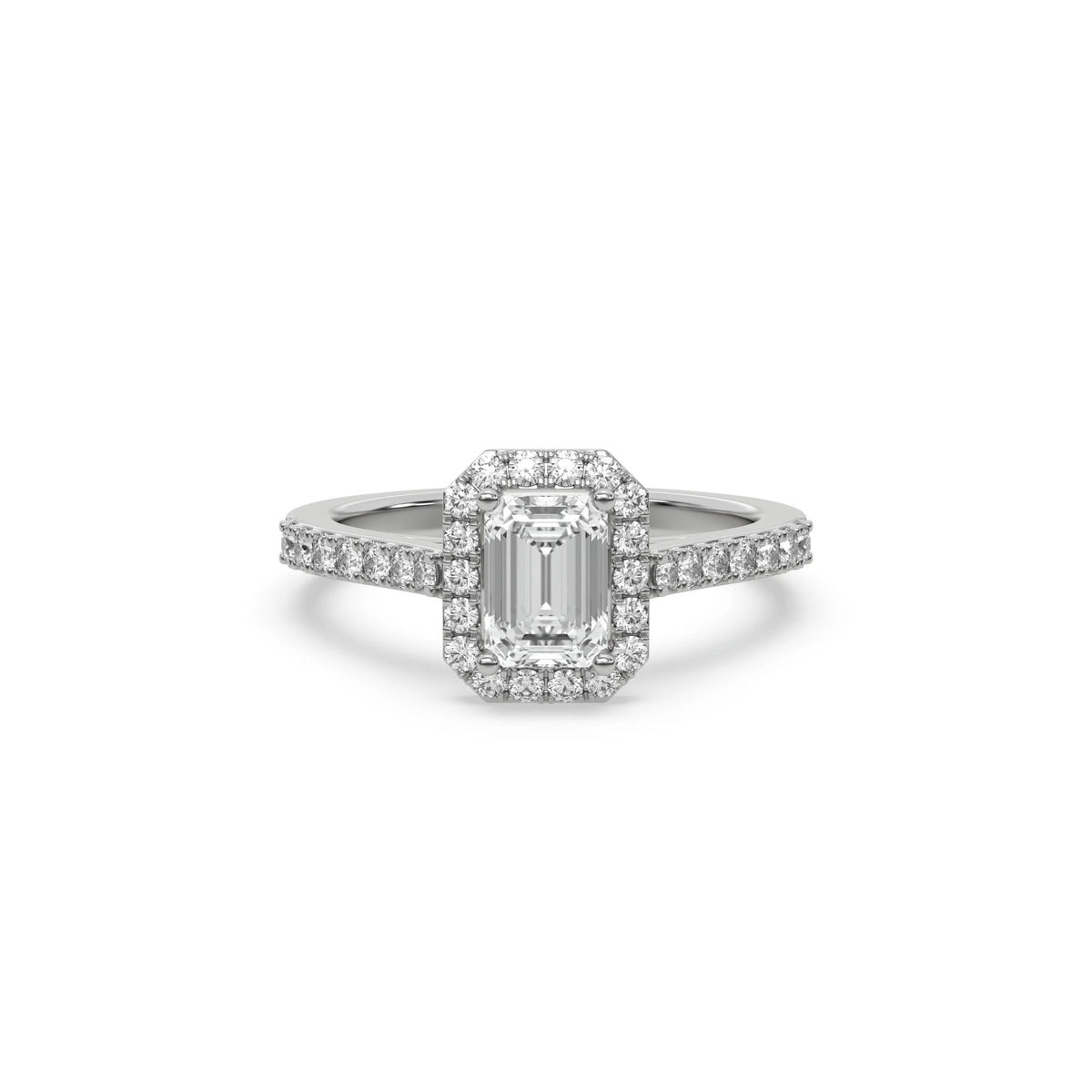 This white gold ring displayed in front view is made with a Emerald solitaire diamond set in four-prong setting