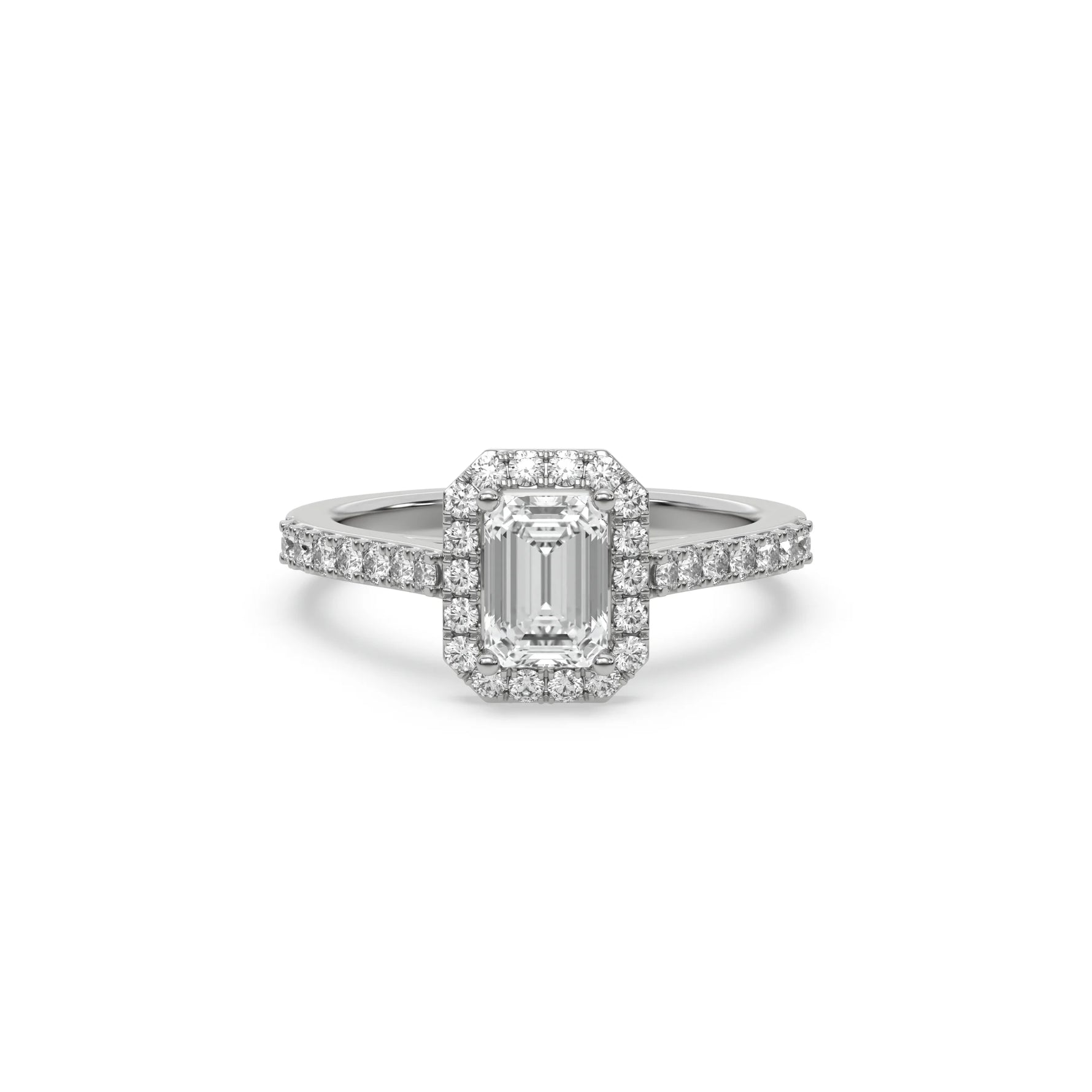 This white gold ring displayed in front view is made with a Emerald solitaire diamond set in four-prong setting