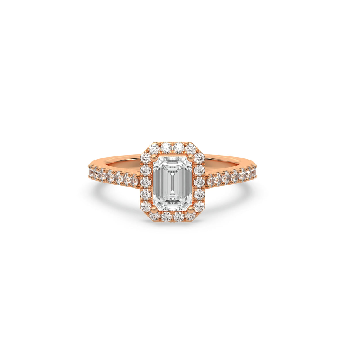 This rose gold ring displayed in front view is made with a Emerald solitaire diamond set in four-prong setting