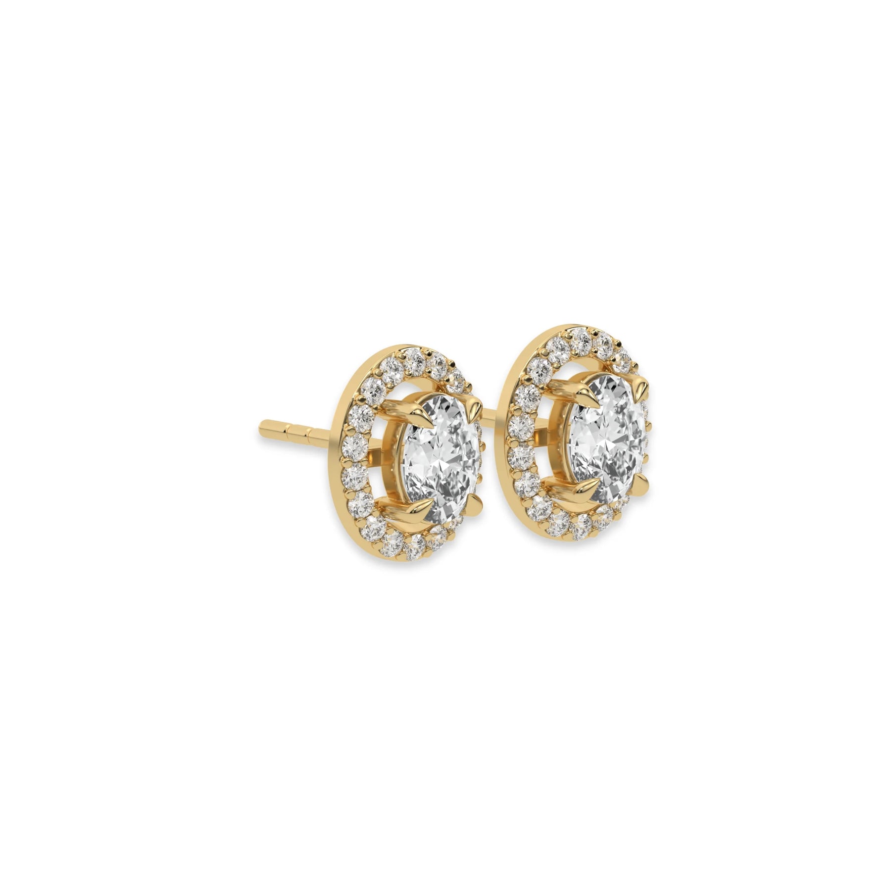 This yellow gold Classic Oval Diamond Halo Earrings made with an oval-cut solitaire diamonds set in a four prong setting in side view