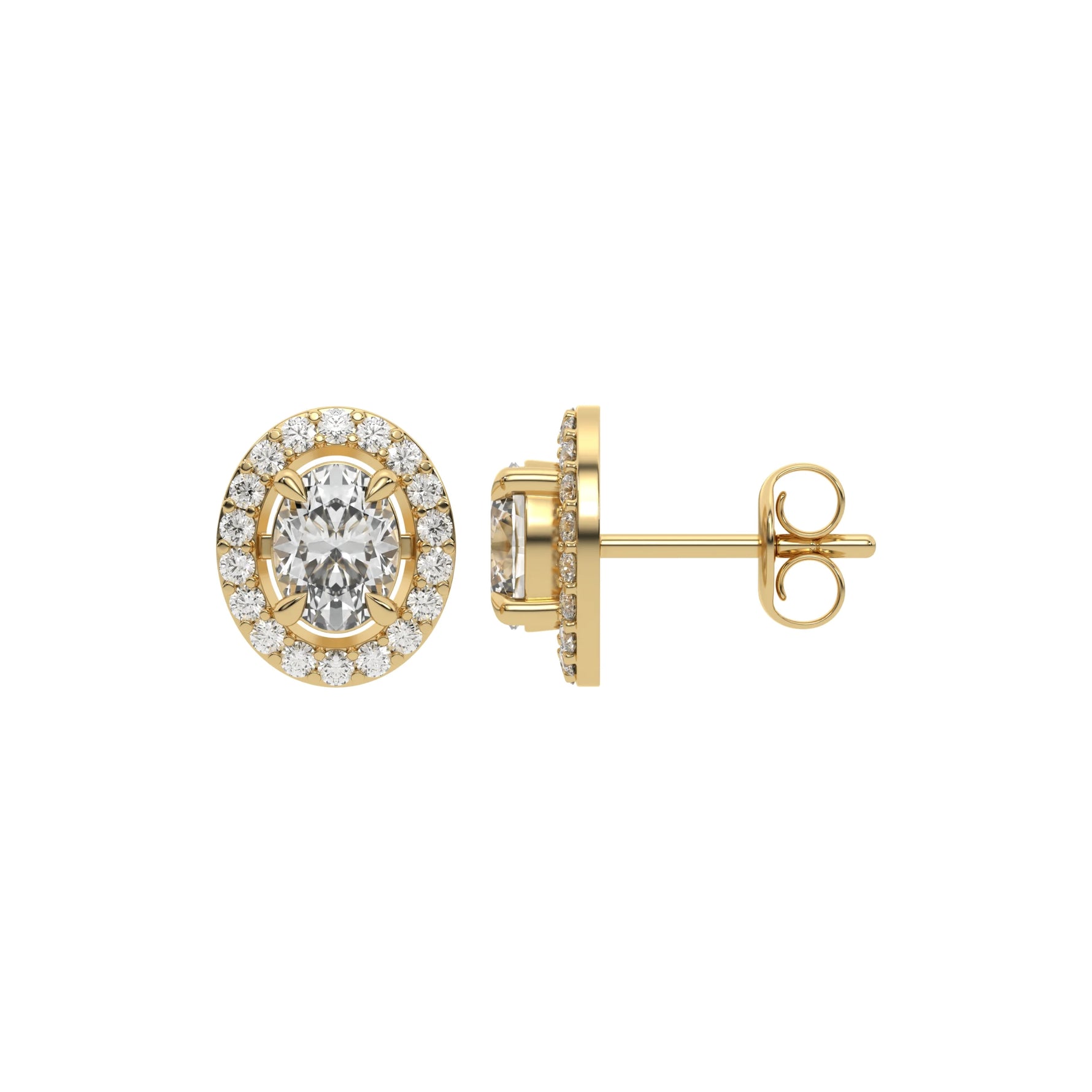 This yellow gold Classic Oval Diamond Halo Earrings made with an oval-cut solitaire diamonds set in a four prong setting in top view and side view