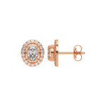 This rose gold Classic Oval Diamond Halo Earrings made with an oval-cut solitaire diamonds set in a four prong setting in top view and side view