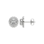 This white gold Classic Oval Diamond Halo Earrings made with an oval-cut solitaire diamonds set in a four prong setting in top view and side view