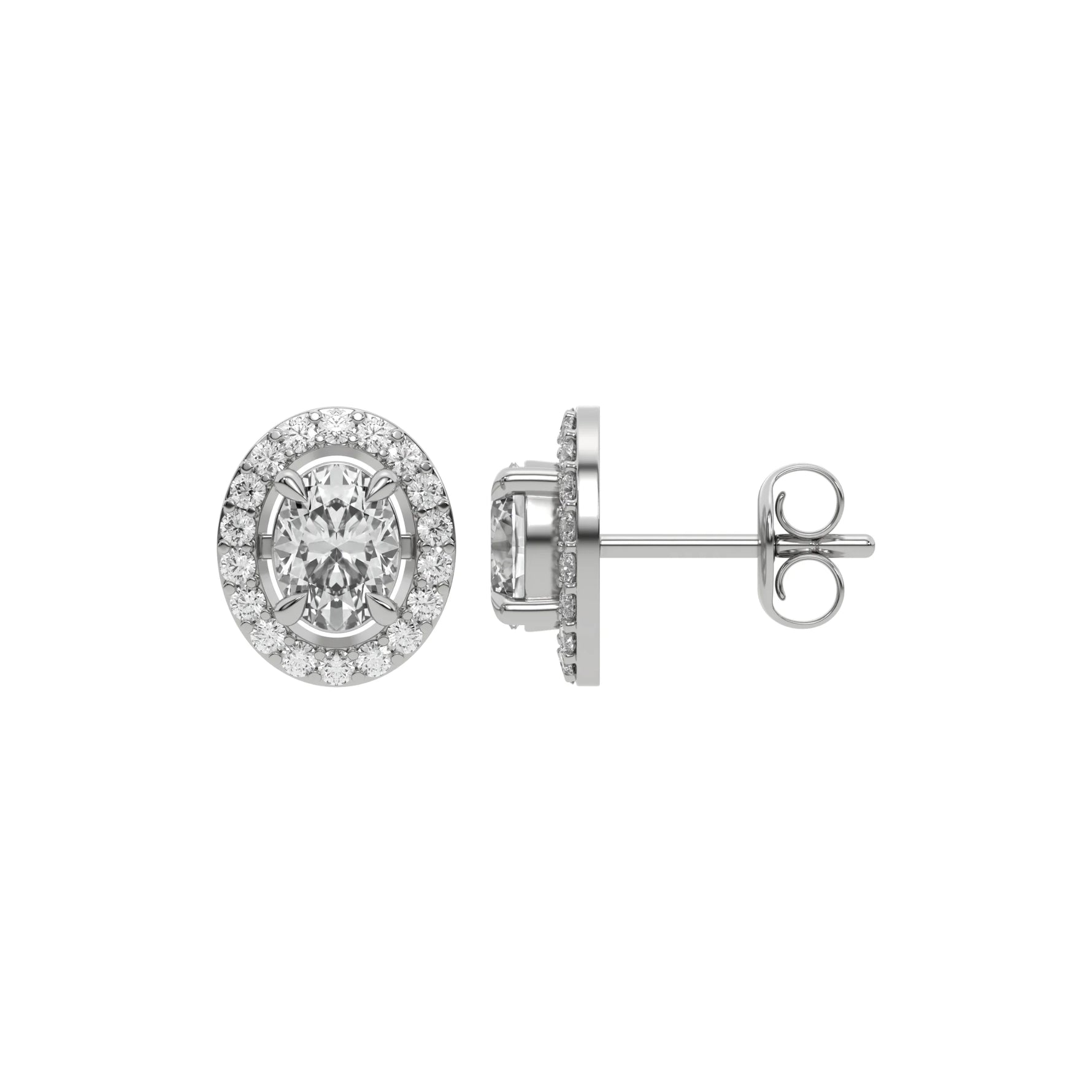 This white gold Classic Oval Diamond Halo Earrings made with an oval-cut solitaire diamonds set in a four prong setting in top view and side view