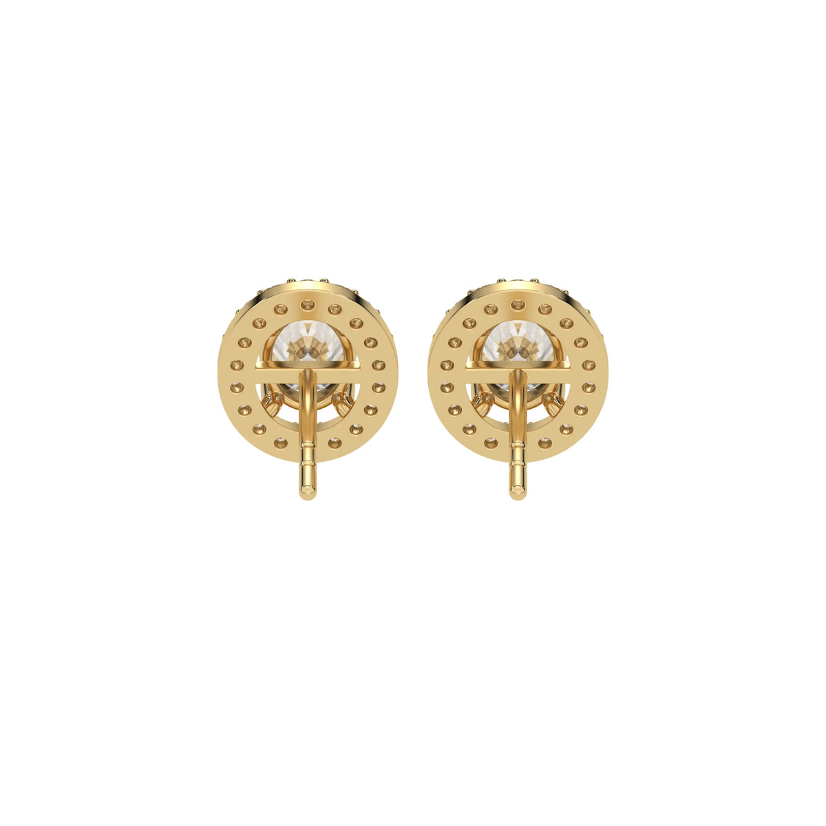 This yellow gold Classic Oval Diamond Halo Earrings made with an oval-cut solitaire diamonds set in a four prong setting in back view