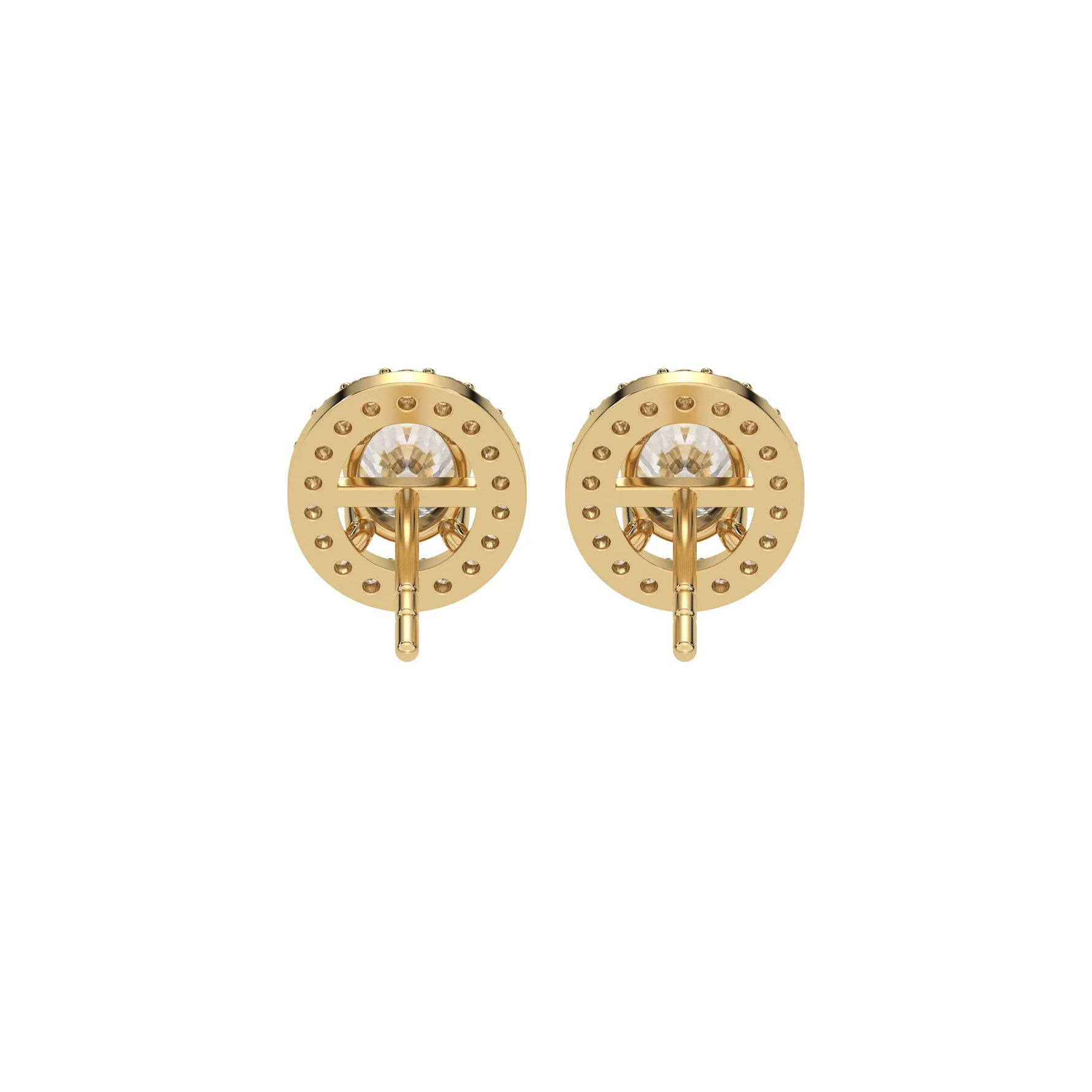 This yellow gold Classic Oval Diamond Halo Earrings made with an oval-cut solitaire diamonds set in a four prong setting in back view