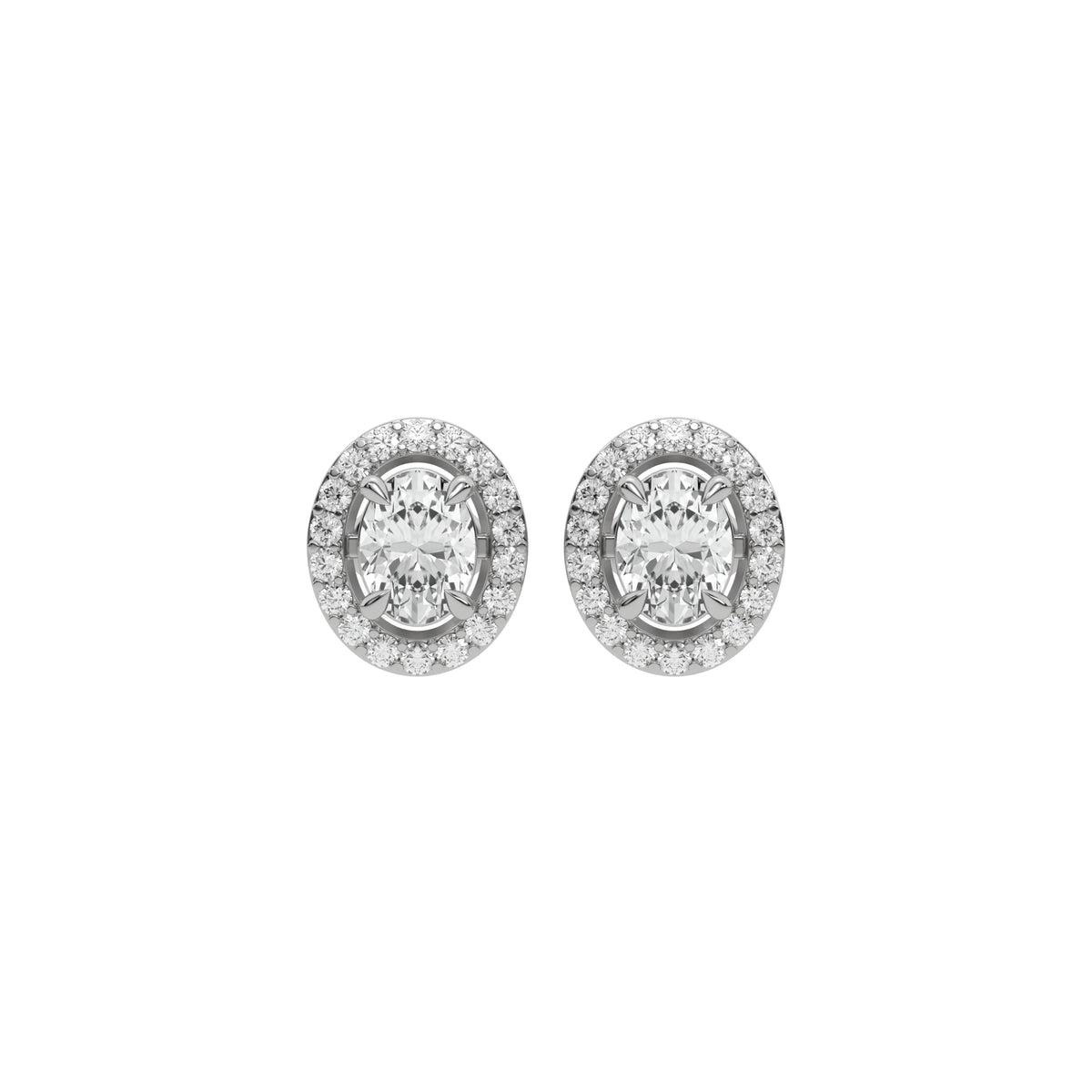 Elegant oval and Round Diamond stud earring in prong and pave-set in white gold with halo details.
