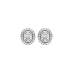Elegant oval and Round Diamond stud earring in prong and pave-set in white gold with halo details.
