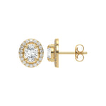 Elegant oval and Round Diamond stud earring in prong and pave-set in yellow gold with halo details.
