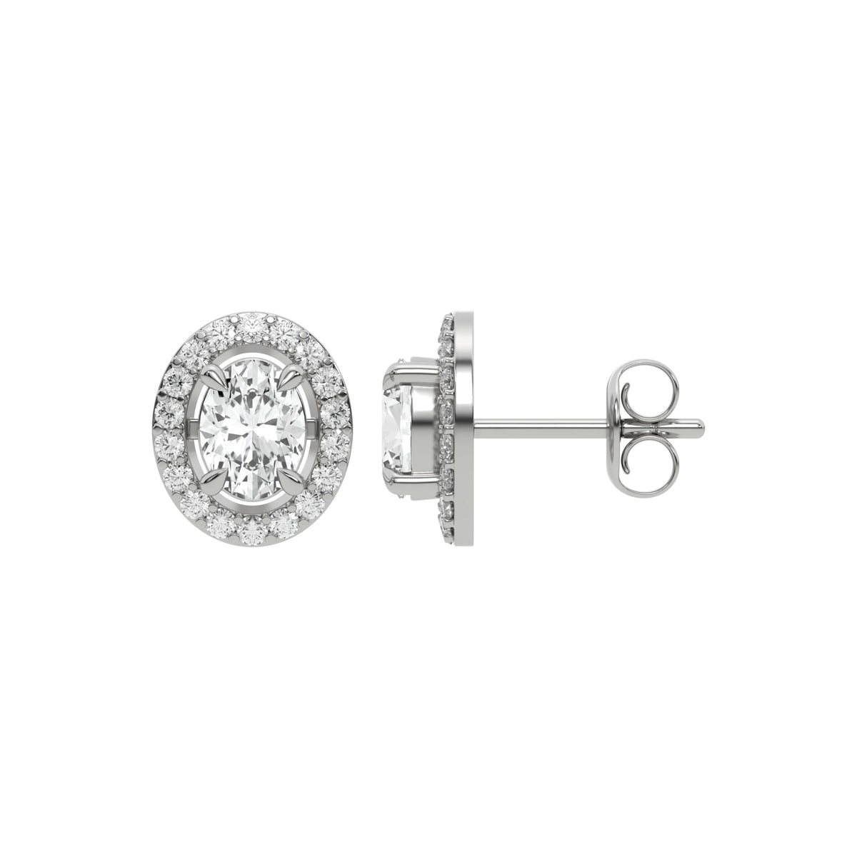 Elegant oval and Round Diamond stud earring in prong and pave-set in white gold with halo details.