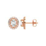 Elegant oval and Round Diamond stud earring in prong and pave-set in rose gold with halo details.