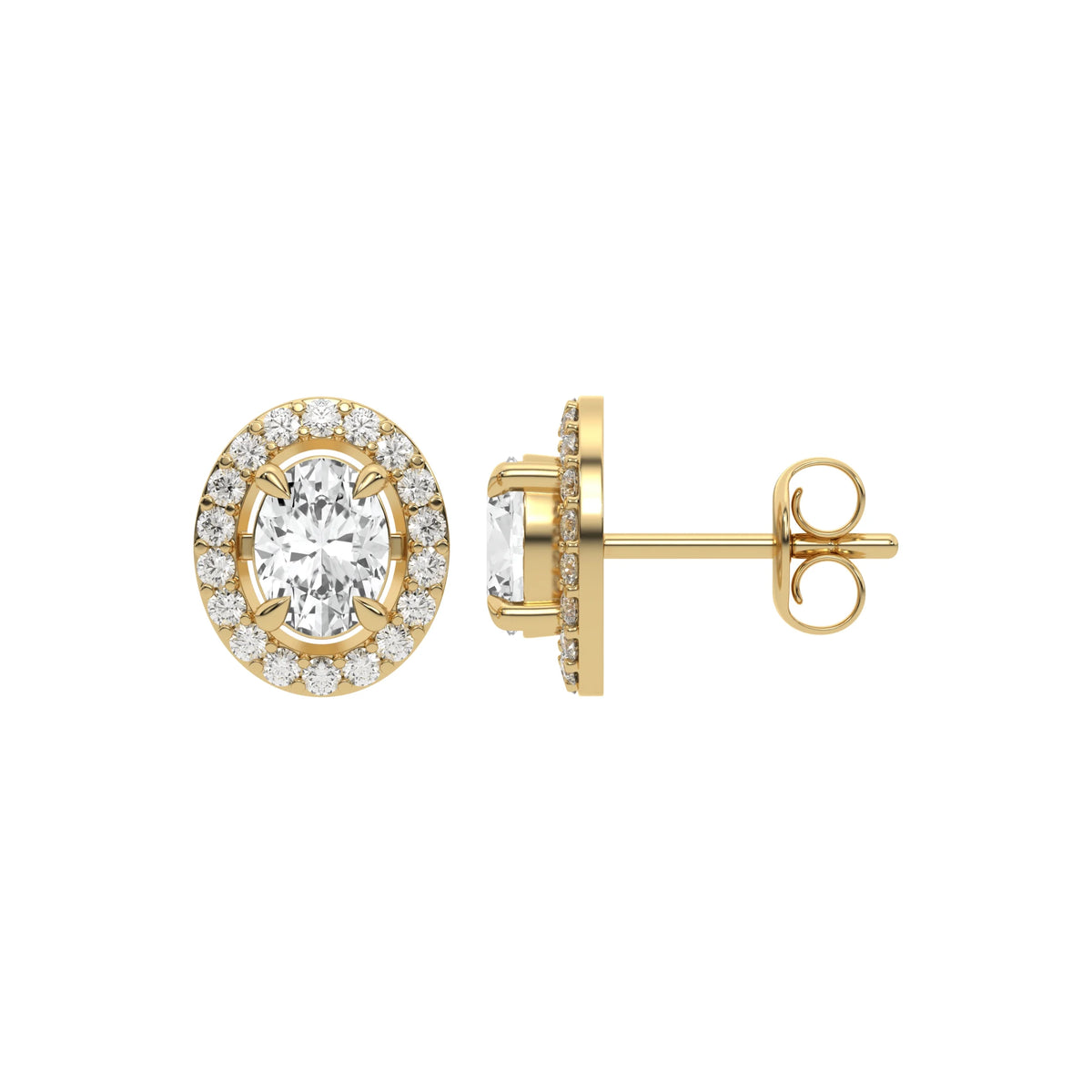 This yellow gold Classic Oval Diamond Halo Earrings made with an oval-cut solitaire diamonds set in a four prong setting in top view and side view