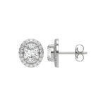 This white gold Classic Oval Diamond Halo Earrings made with an oval-cut solitaire diamonds set in a four prong setting in top view and side view