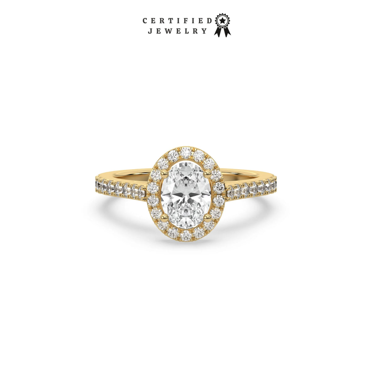 This yellow gold ring displayed in front view is made with a oval solitaire diamond set in four-prong setting