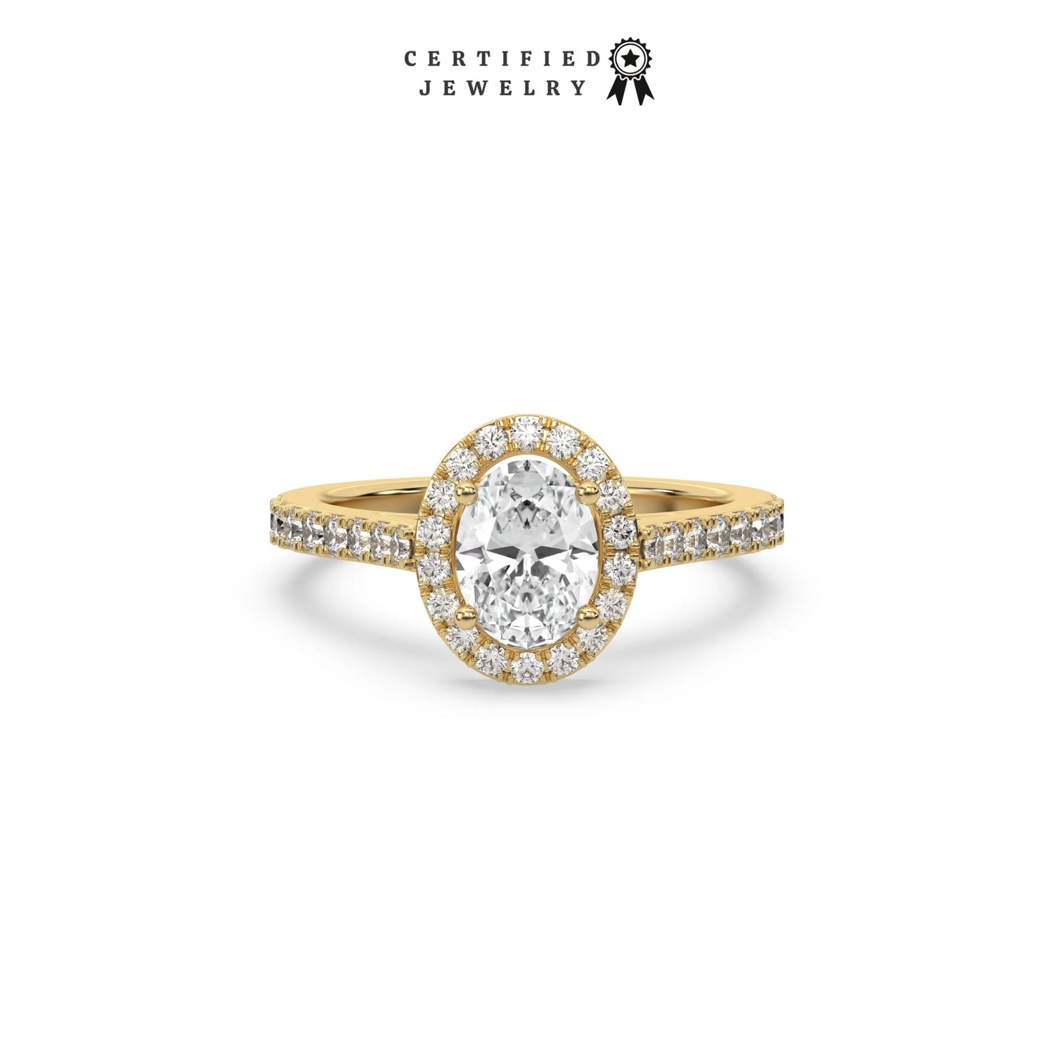 This yellow gold ring displayed in front view is made with a oval solitaire diamond set in four-prong setting