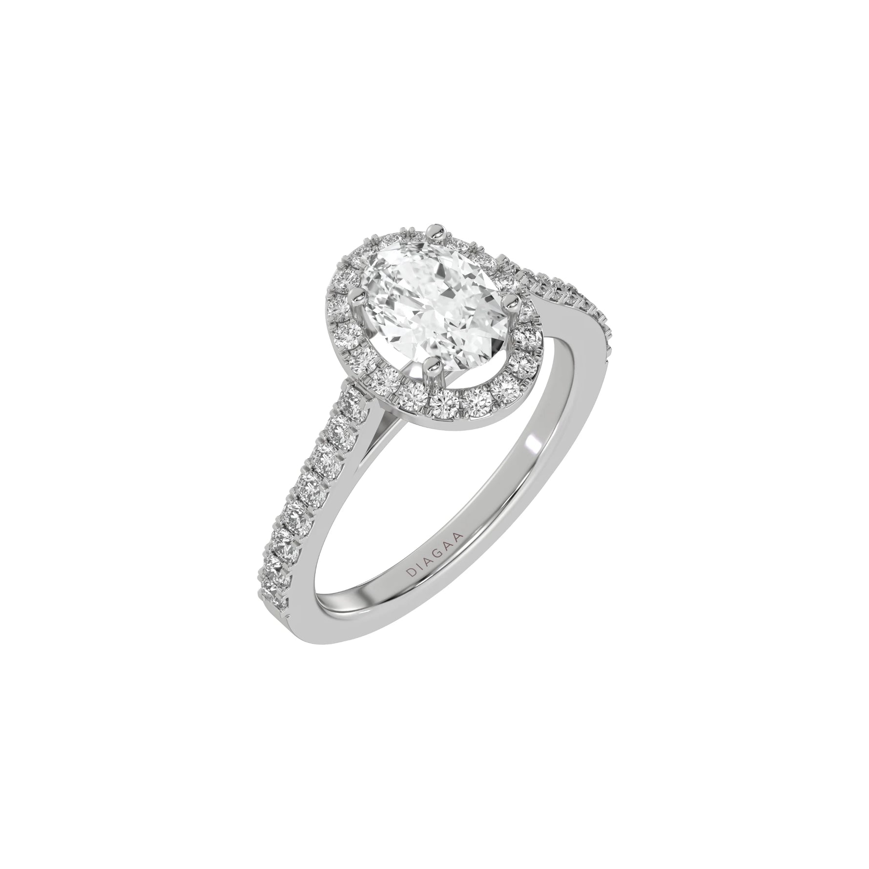 This white gold Oval Diamond Halo Engagement Ring is made with an oval solitaire diamond set in a four-prong setting, surrounded by a halo of round diamonds all set on a pave band in 3D view