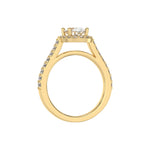 This yellow gold Oval Diamond Halo Engagement Ring is made with an oval solitaire diamond set in a four-prong setting, surrounded by a halo of round diamonds all set on a pave band in through finger view