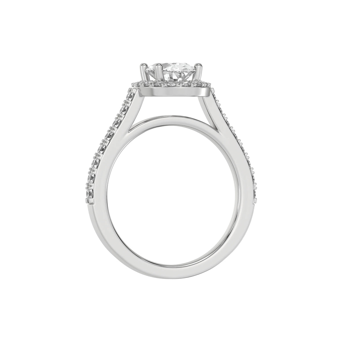 This white gold Oval Diamond Halo Engagement Ring is made with an oval solitaire diamond set in a four-prong setting, surrounded by a halo of round diamonds all set on a pave band in through finger view