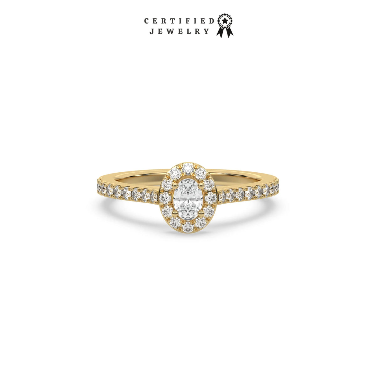 This yellow gold ring displayed in front view is made with a oval solitaire diamond set in four-prong setting