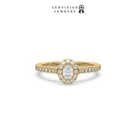 This yellow gold ring displayed in front view is made with a oval solitaire diamond set in four-prong setting