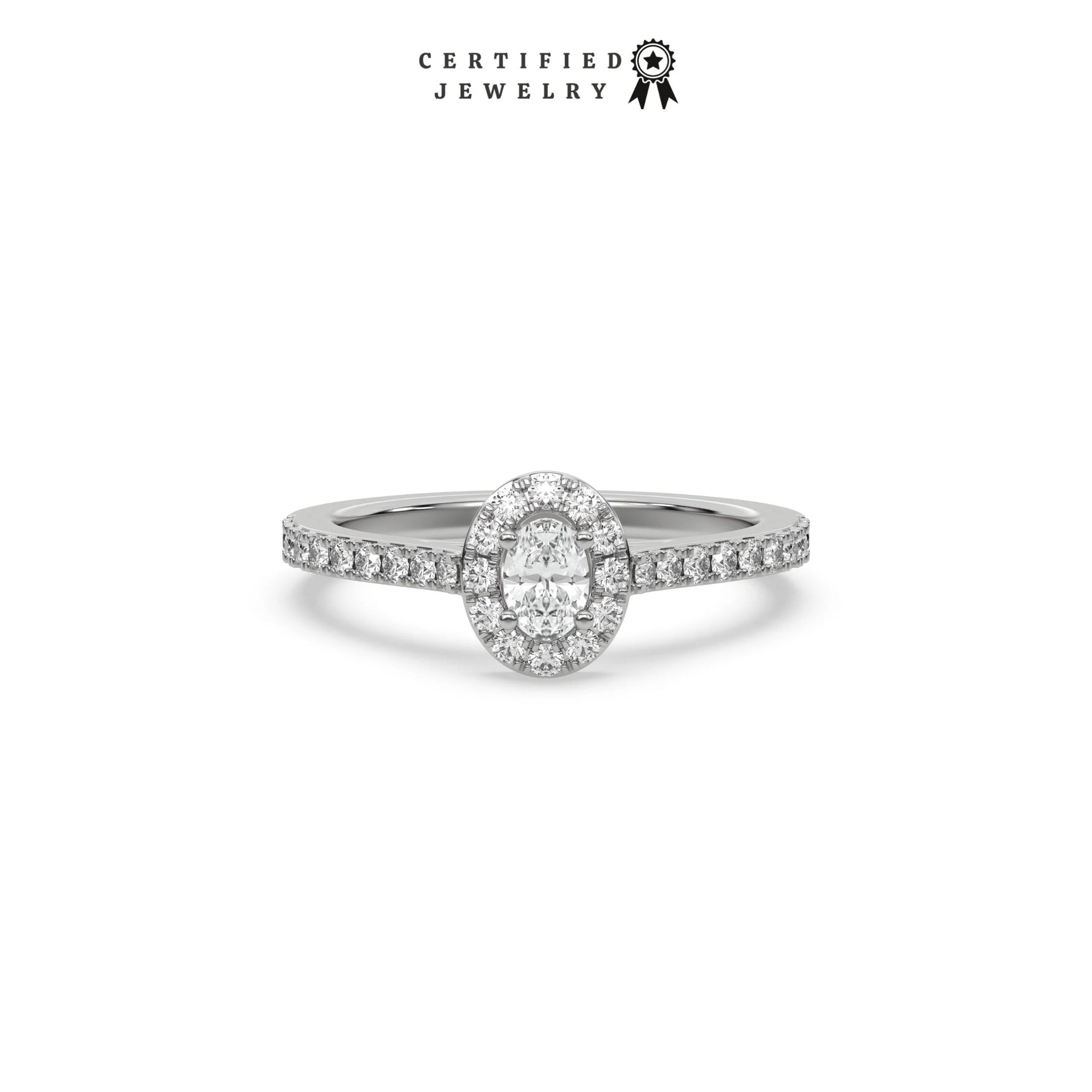 This white gold ring displayed in front view is made with a oval solitaire diamond set in four-prong setting