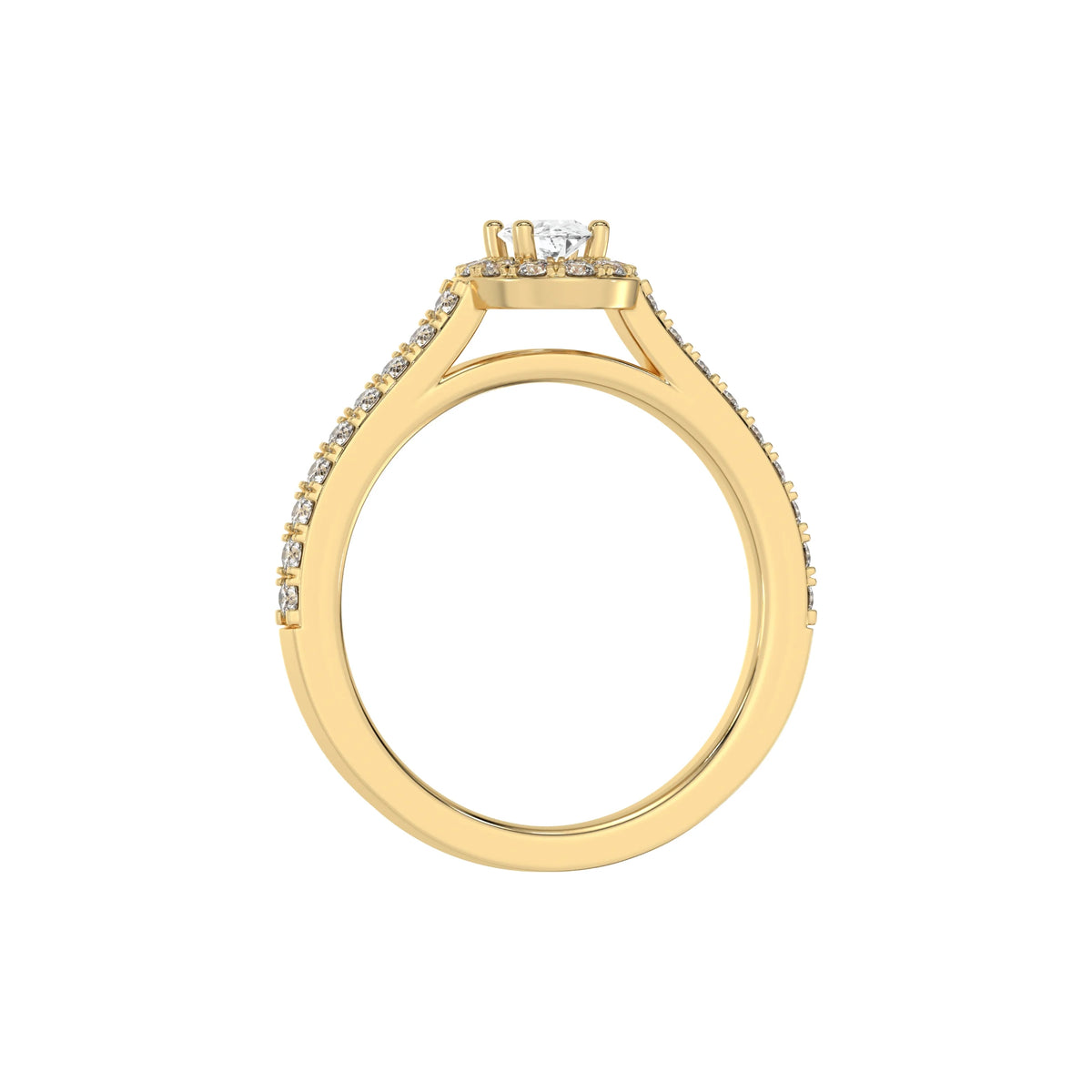 This yellow gold Oval Diamond Halo Engagement Ring is made with an oval solitaire diamond set in a four-prong setting, surrounded by a halo of round diamonds all set on a pave band in through finger view