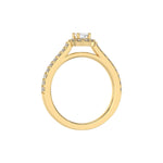 This yellow gold Oval Diamond Halo Engagement Ring is made with an oval solitaire diamond set in a four-prong setting, surrounded by a halo of round diamonds all set on a pave band in through finger view