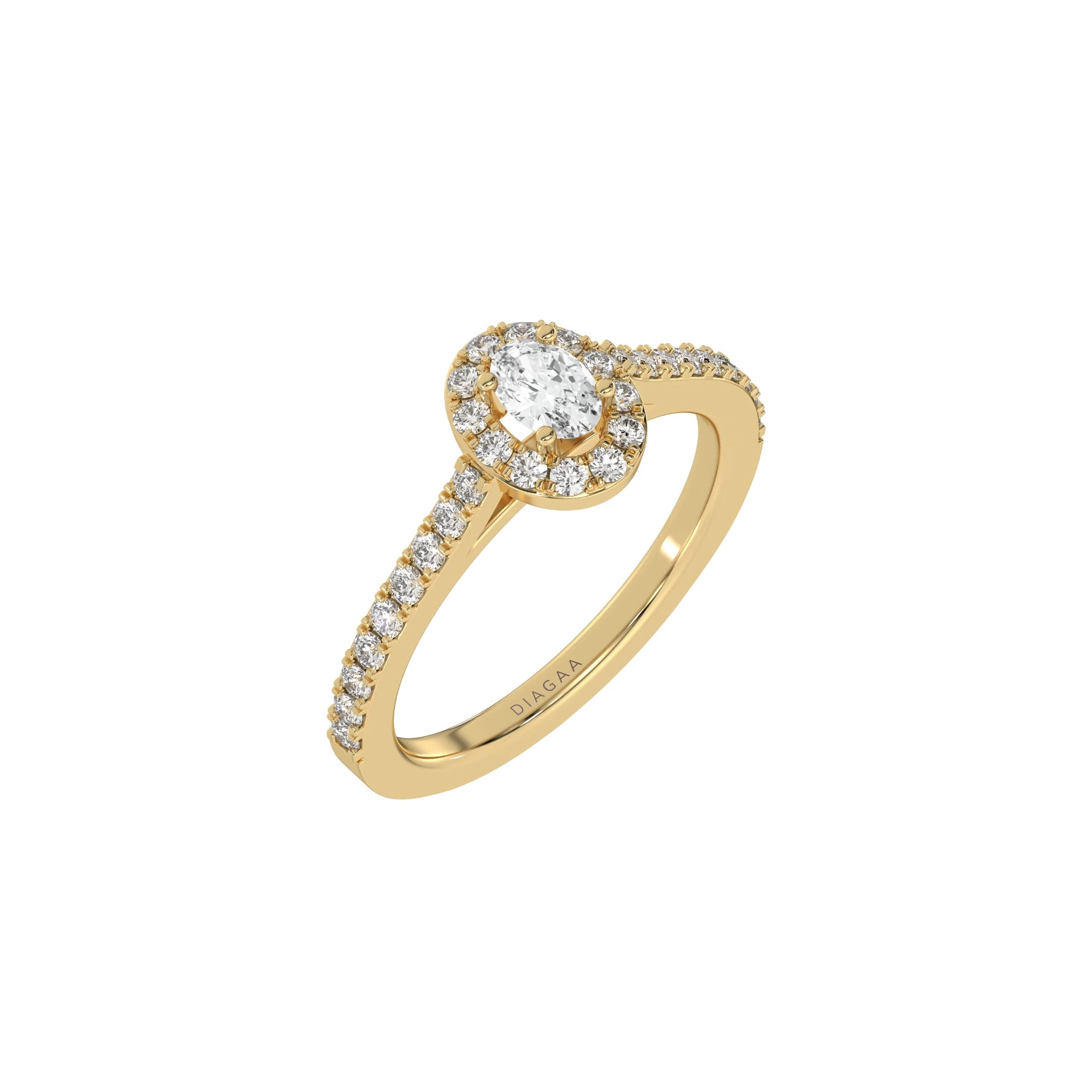 This yellow gold Oval Diamond Halo Engagement Ring is made with an oval solitaire diamond set in a four-prong setting, surrounded by a halo of round diamonds all set on a pave band in 3D view