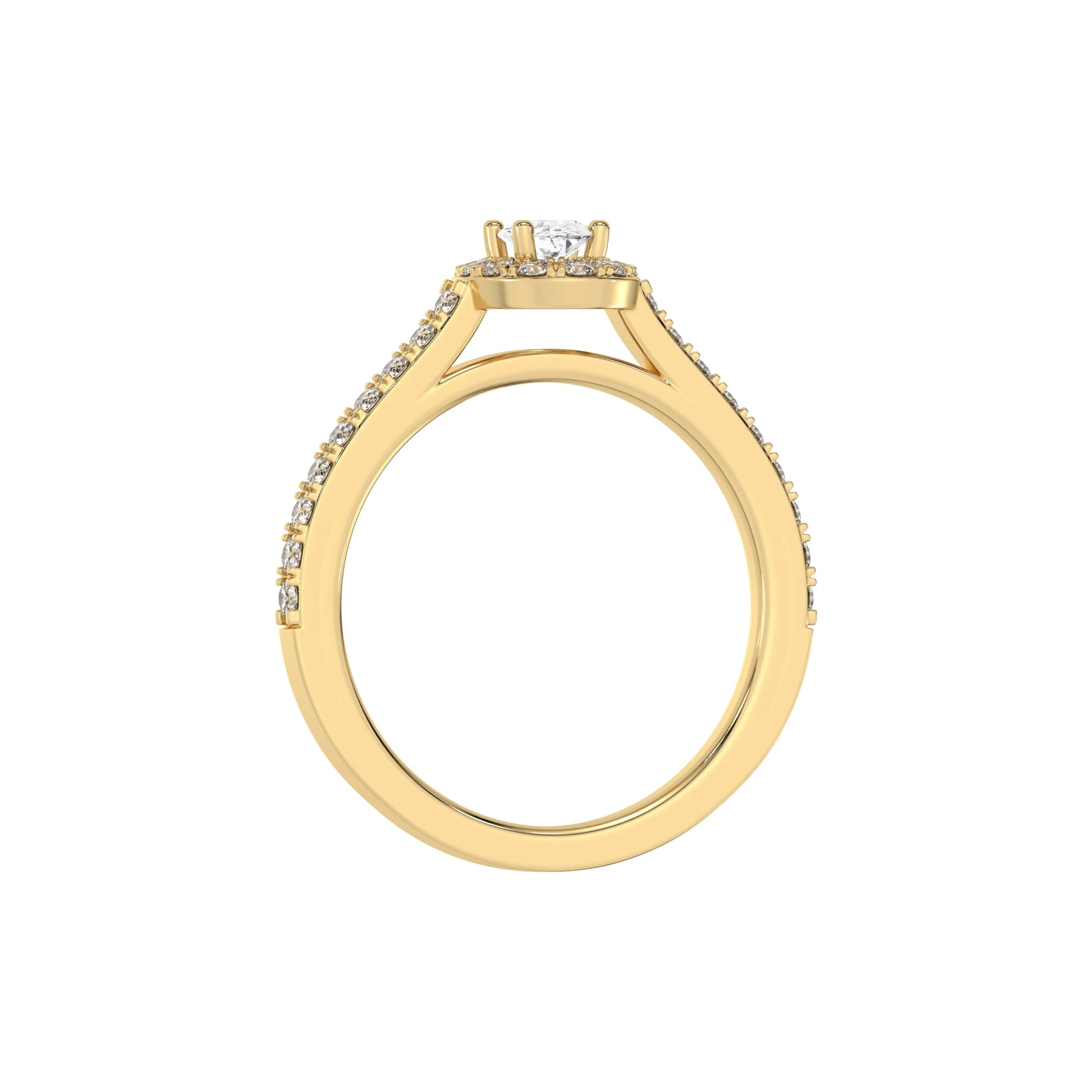 This yellow gold Oval Diamond Halo Engagement Ring is made with an oval solitaire diamond set in a four-prong setting, surrounded by a halo of round diamonds all set on a pave band in through finger view